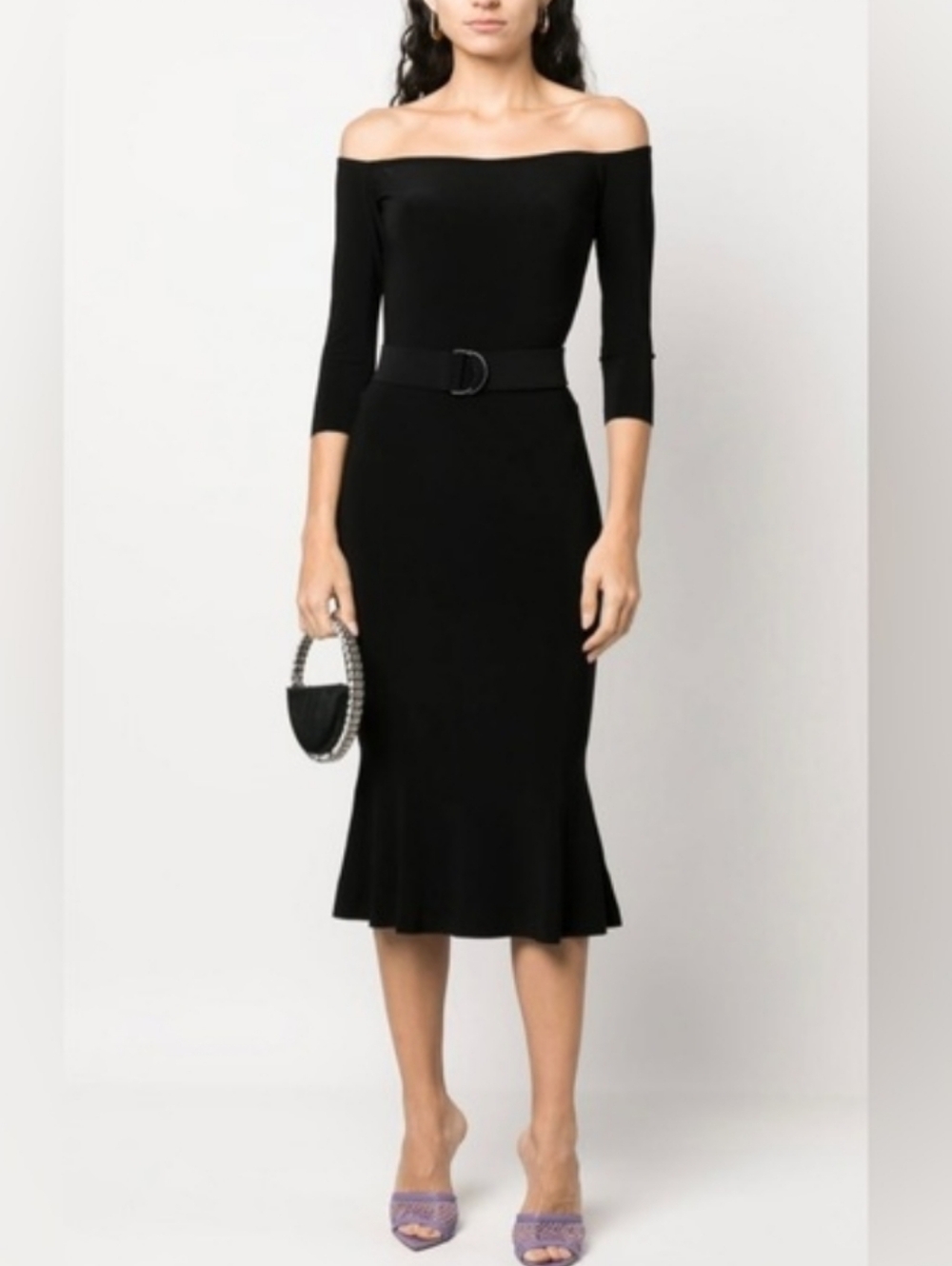 Norma Kamali Off Shoulder Black Dress | Fitted Midi Flare Hem Minimalist Size M